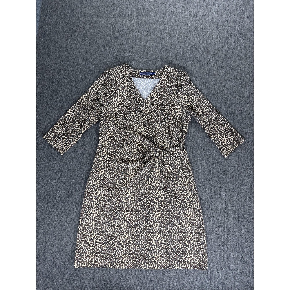 Katherine Way Dress Womens Large Leopard Knot Front 3/4 Sleeve Knee Length